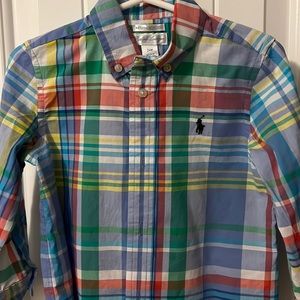 Worn once-like new. Pastel plaid polo button down, long sleeve shirt. Size 24m.